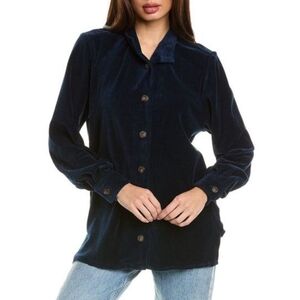 LeSet Sophie Mock Neck Button Down Corduroy Shirt Jacket Royal Navy Blue Size XS